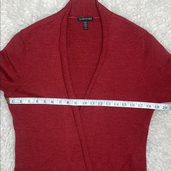 Eileen Fisher Womens M Open Knit Cardigan 100% Wool Brick Red Sleeves - Picture 4 of 5